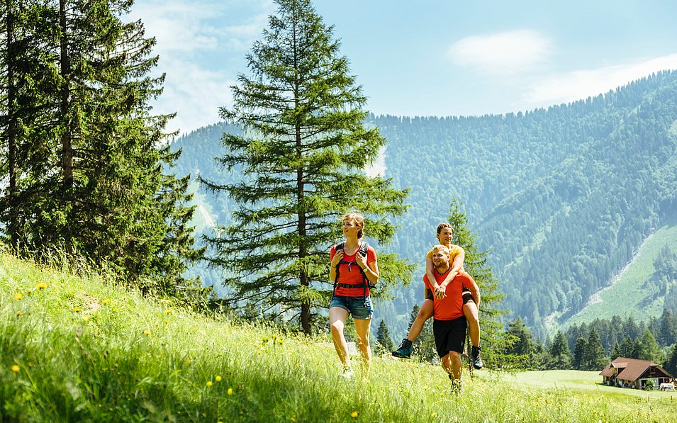 Drei junge Menschen beim Wandern auf einer Alm.